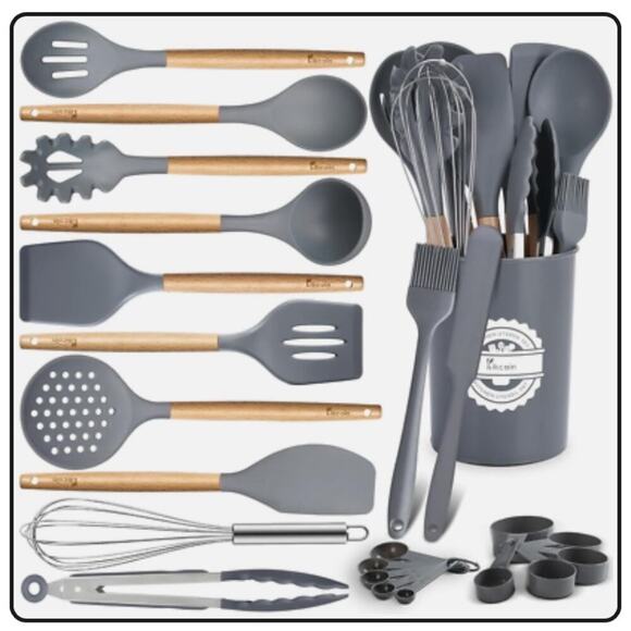Kikcoin 23 Pcs Silicone Heat Resistant Kitchen Utensils Set w/ Wooden Handles - Picture 1 of 14